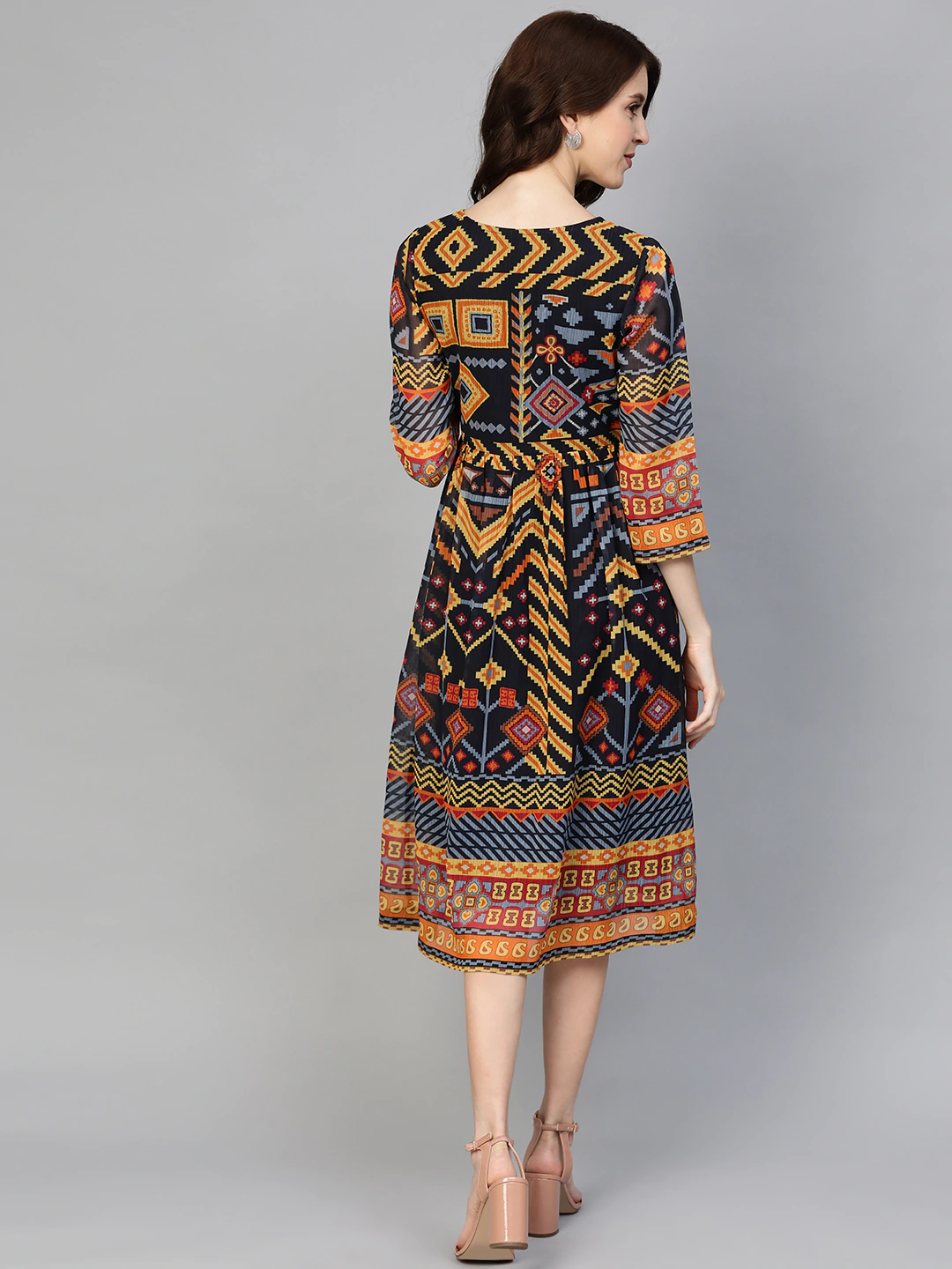 Women Navy Blue & Yellow Printed Dress