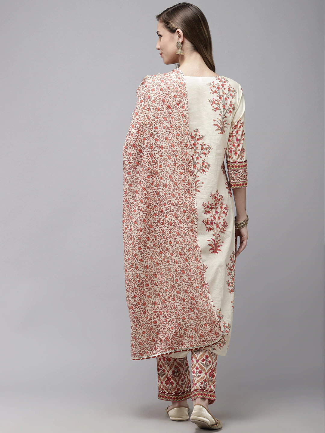 Women Off White Floral Printed Thread Work Cotton Kurta Set