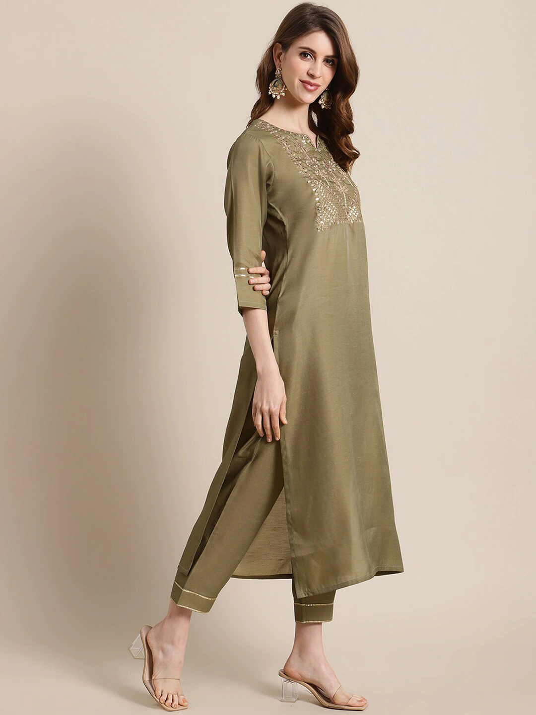 Women Olive Green Kurta Set