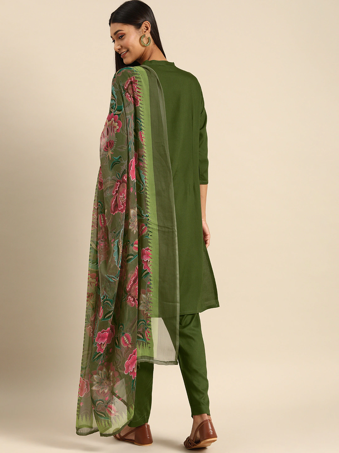 Women Olive Green Solid Kurta Set