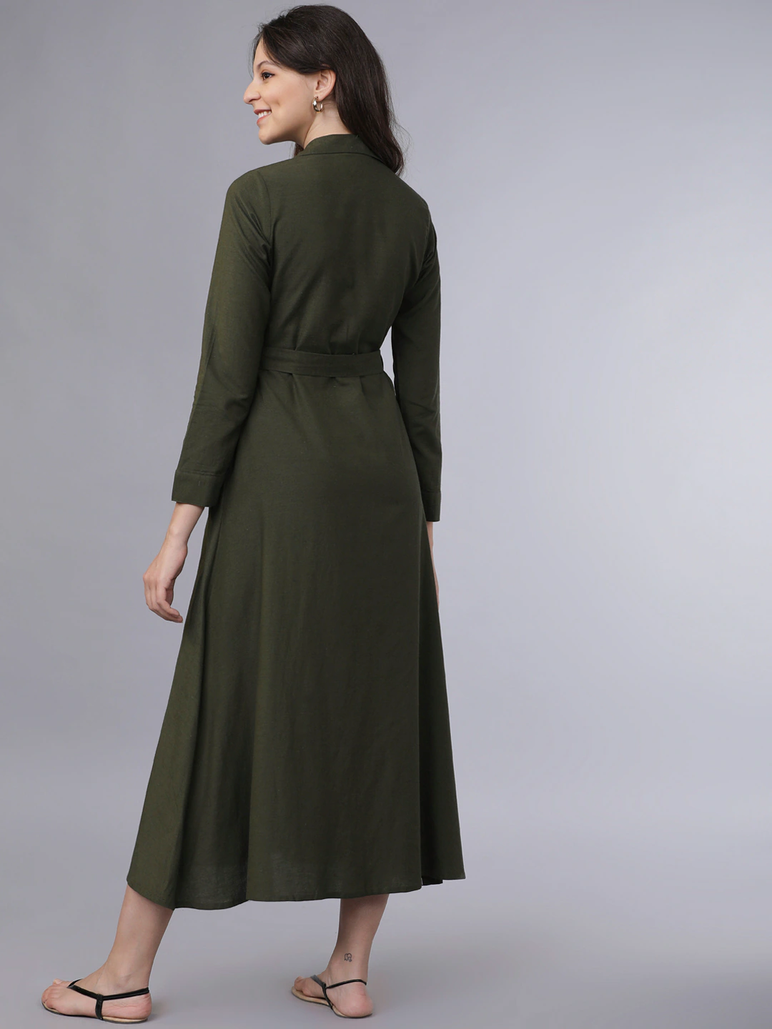 Women Olive Green Solid Shirt Dress