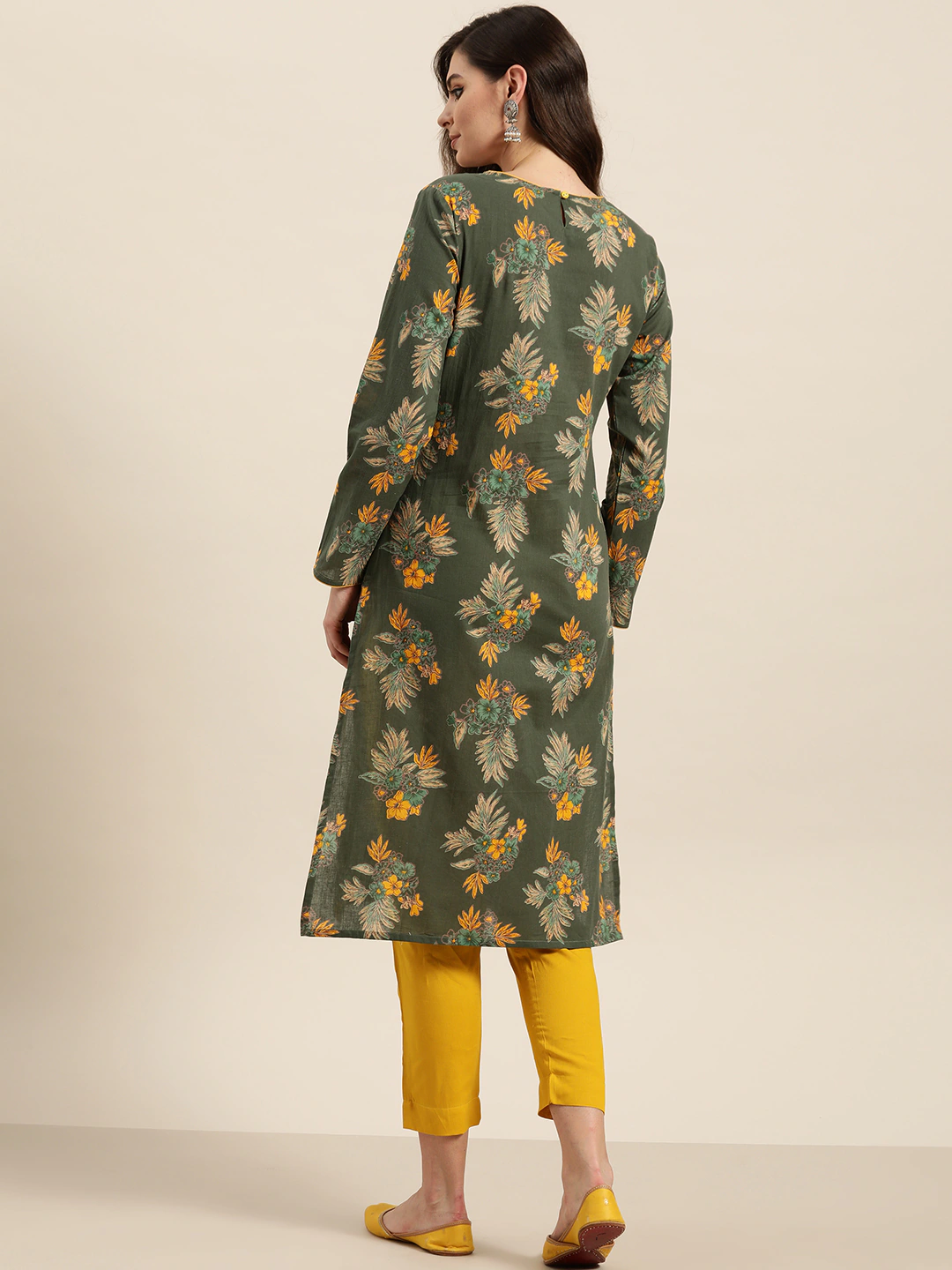 Women Olive Green Cotton Floral Printed Kurta