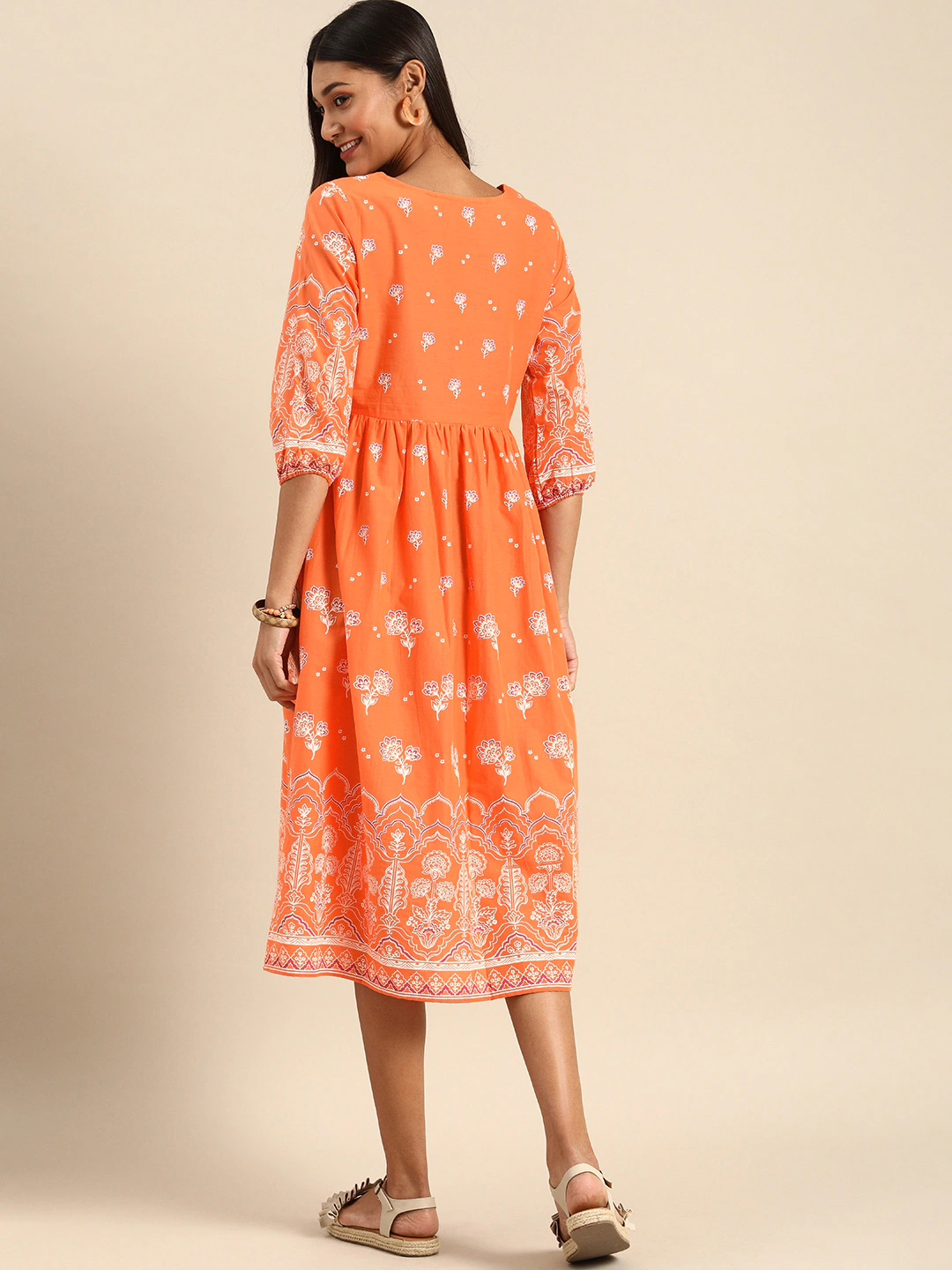 Women Orange Printed A-Line Dress