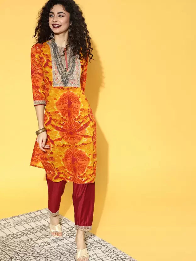 Women Orange and Maroon Cotton Blend Kurta set