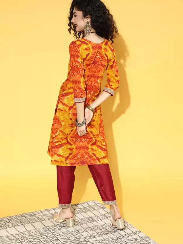 Women Orange and Maroon Cotton Blend Kurta set