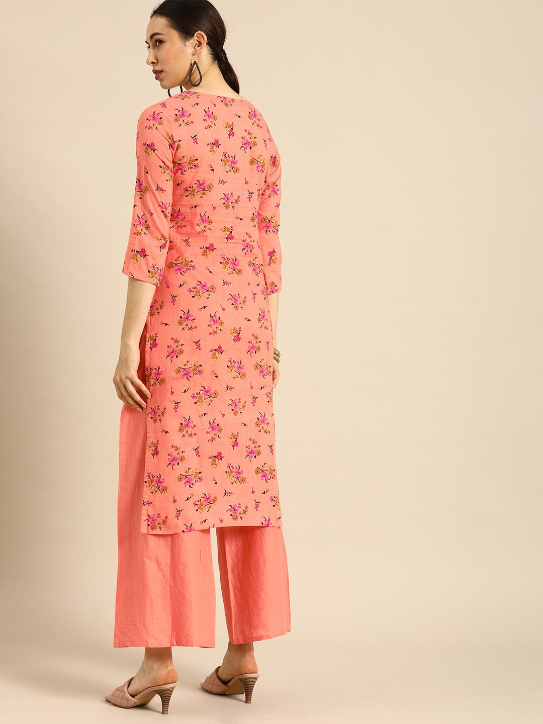 Women Peach-Coloured Kurta with Solid Palazzos