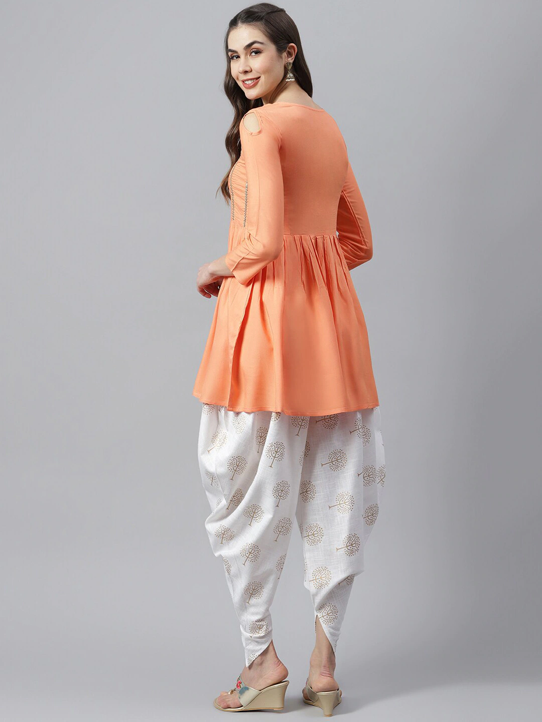 Women Peach Yoke Design Kurta with Dhoti Pants