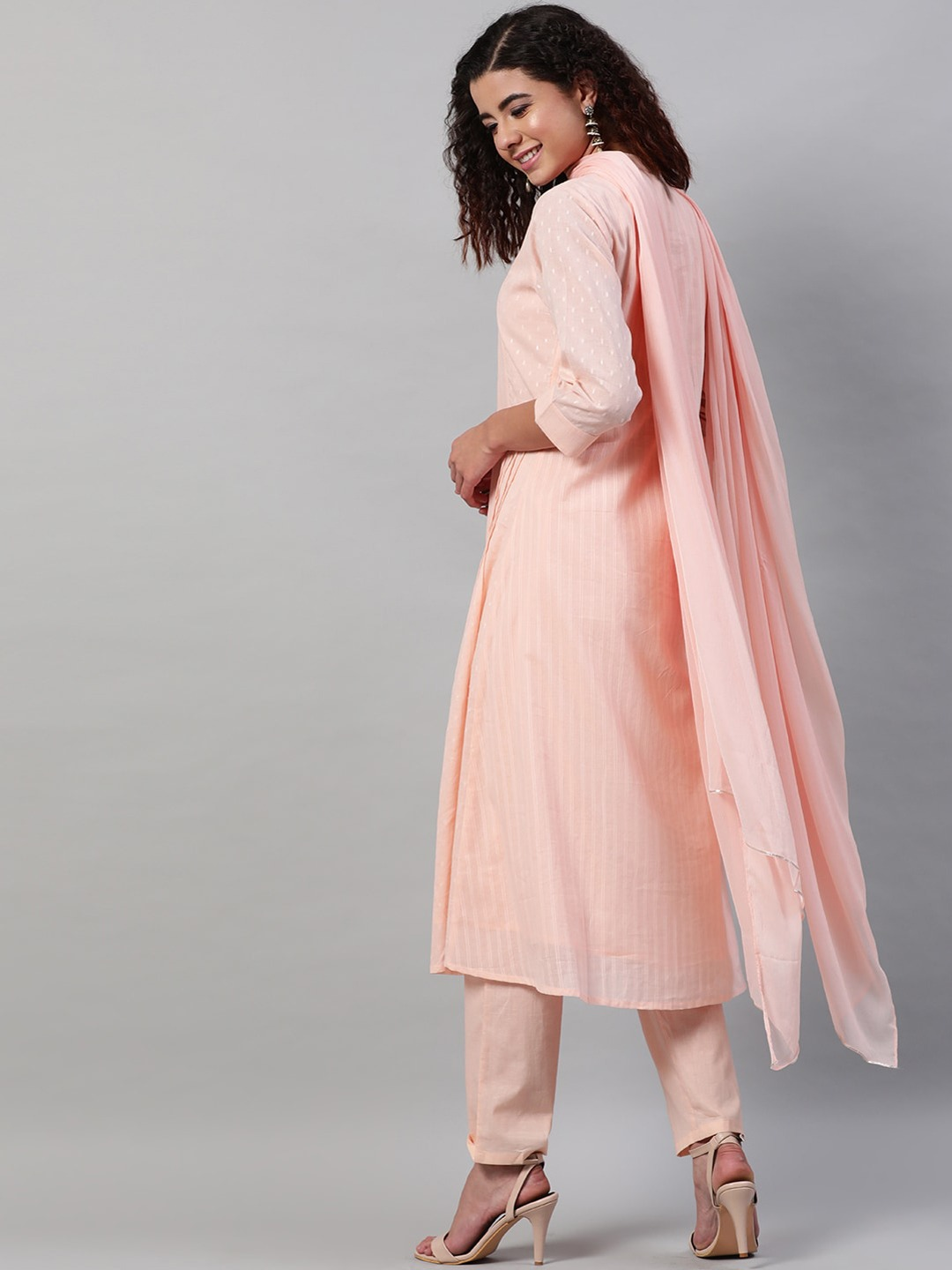 Women Peach Striped Pure Cotton Kurta Set