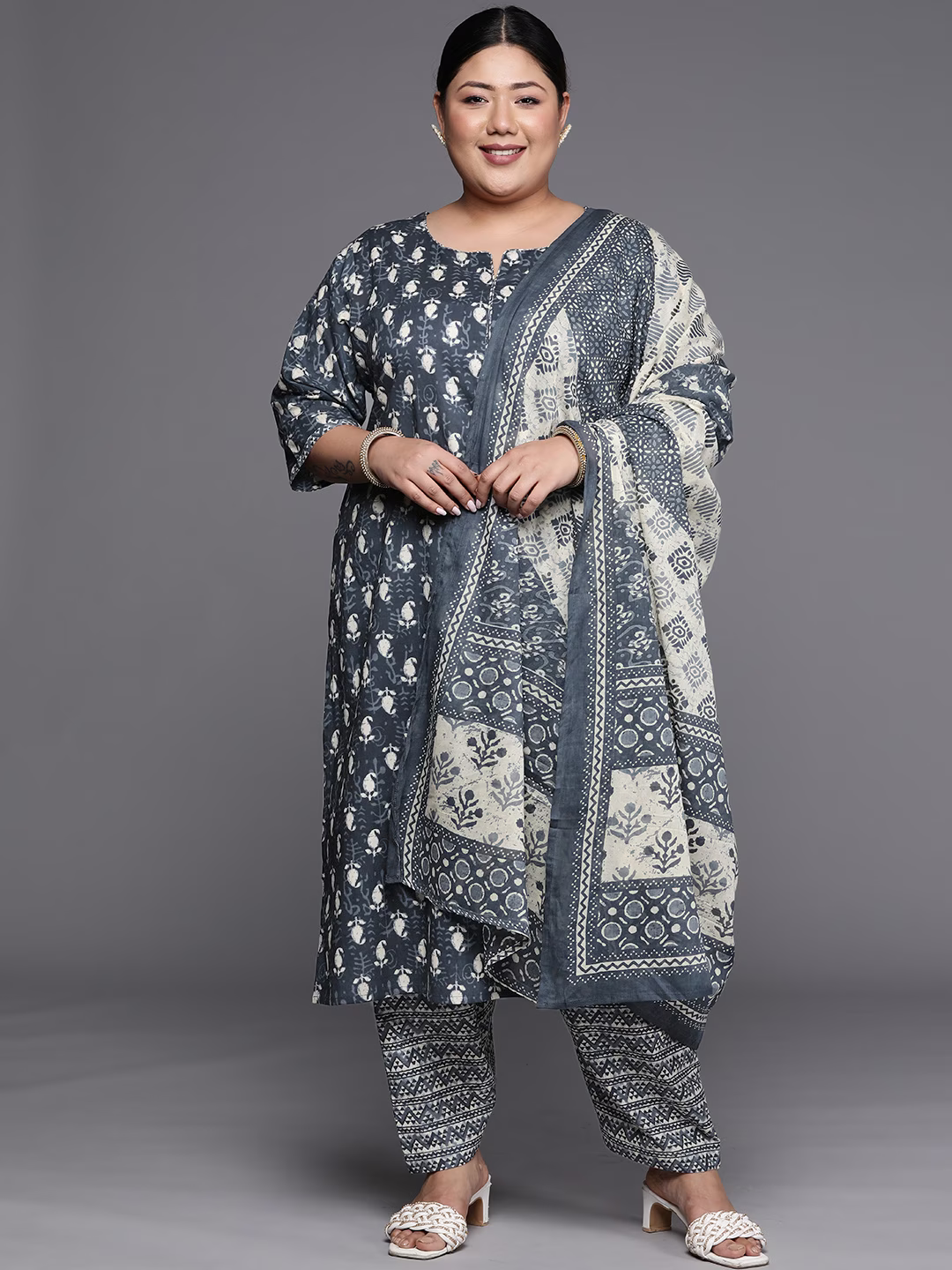 Women Plus Size Printed Pure Cotton Kurta With Salwar & With Dupatta