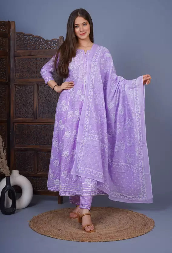 Women Purple Cotton Anarkali Kurta set
