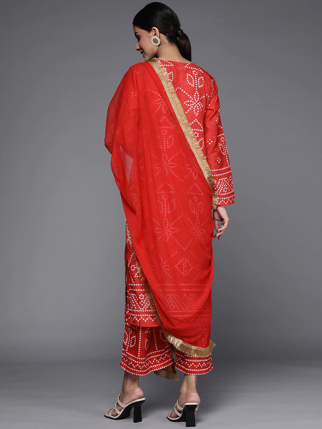 Women Red Bandhani Print Gotta Patti Kurta Set Without Dupatta