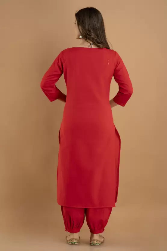 Women Red Cotton Blend Kurta set