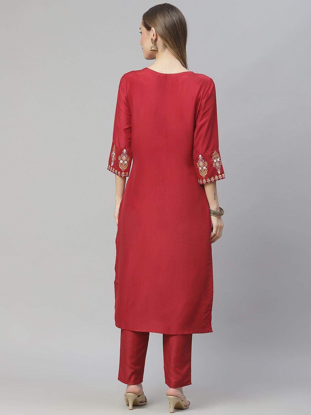 Women Red Ethnic Regular Kurta with Trousers