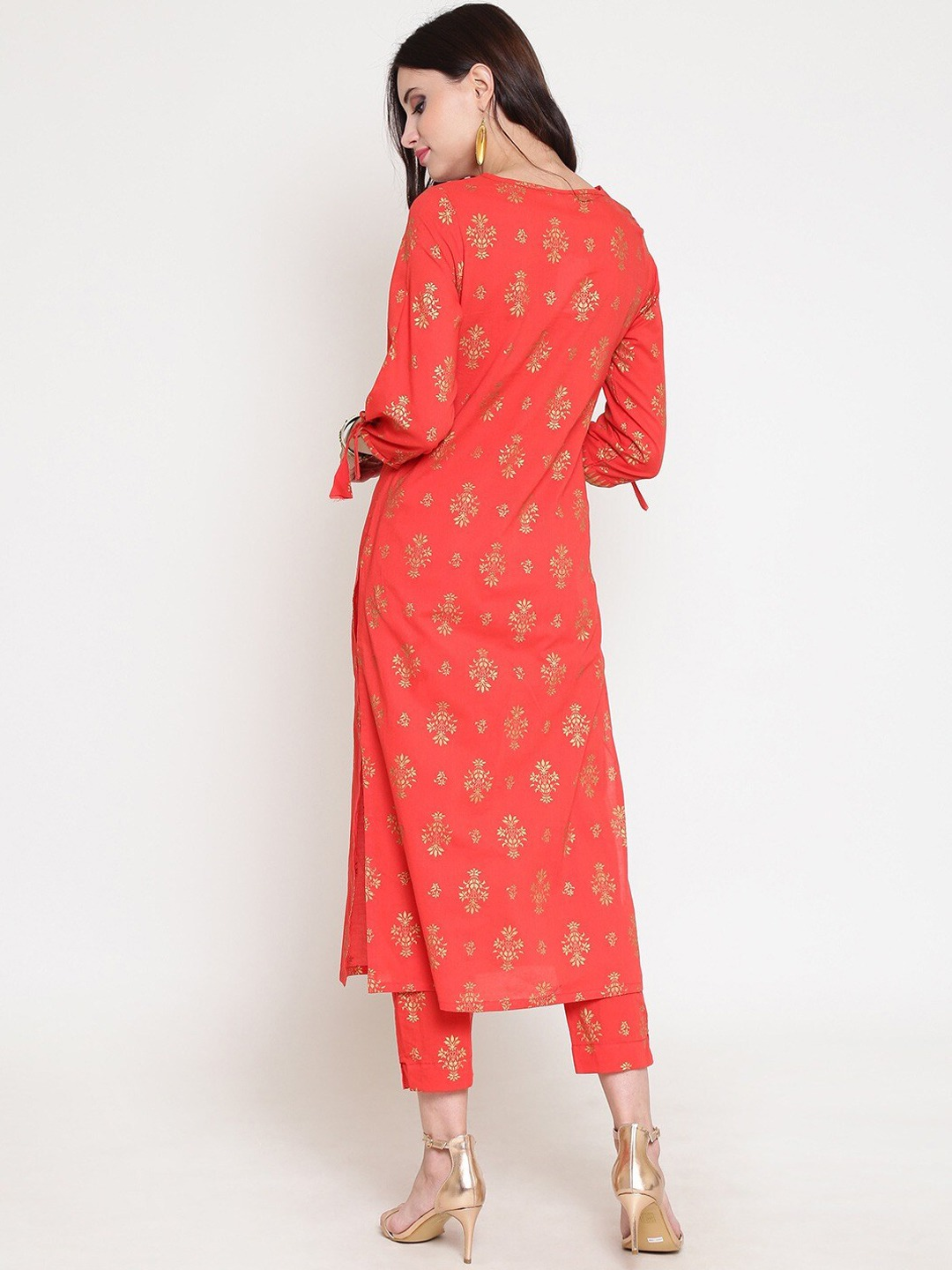 Women Red Printed Straight Keyhole Neck Kurta Set