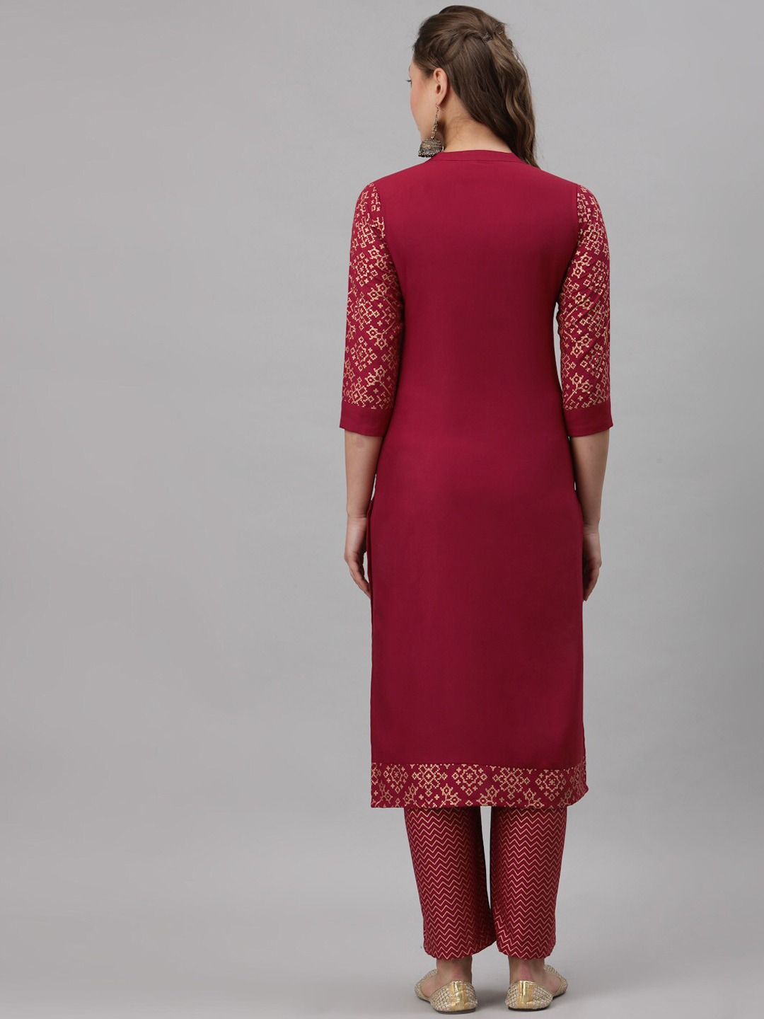 Women Red Ethnic Style Yoke Design Kurta with Trousers