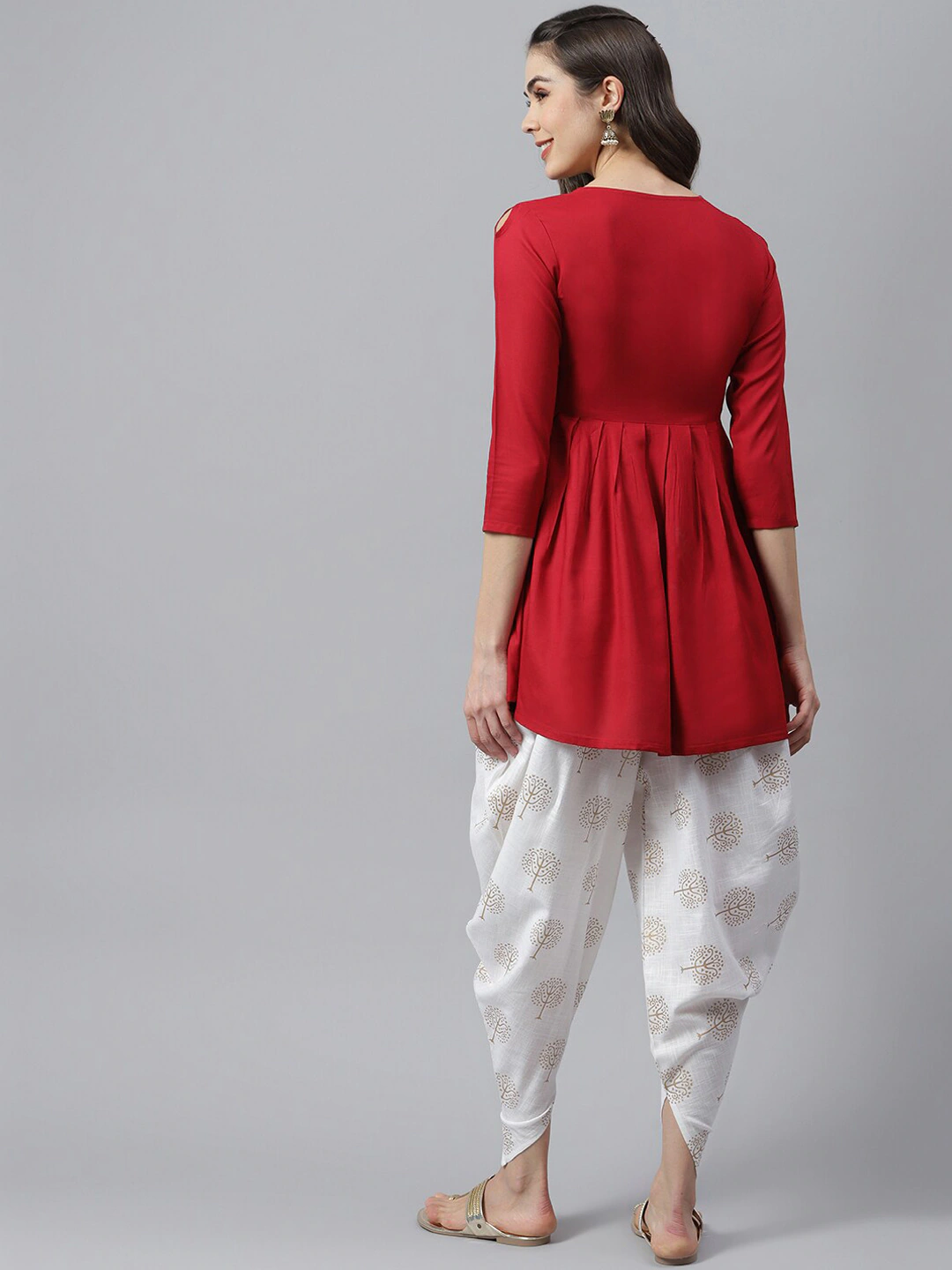 Women Red Yoke Design Kurta with Dhoti Pants