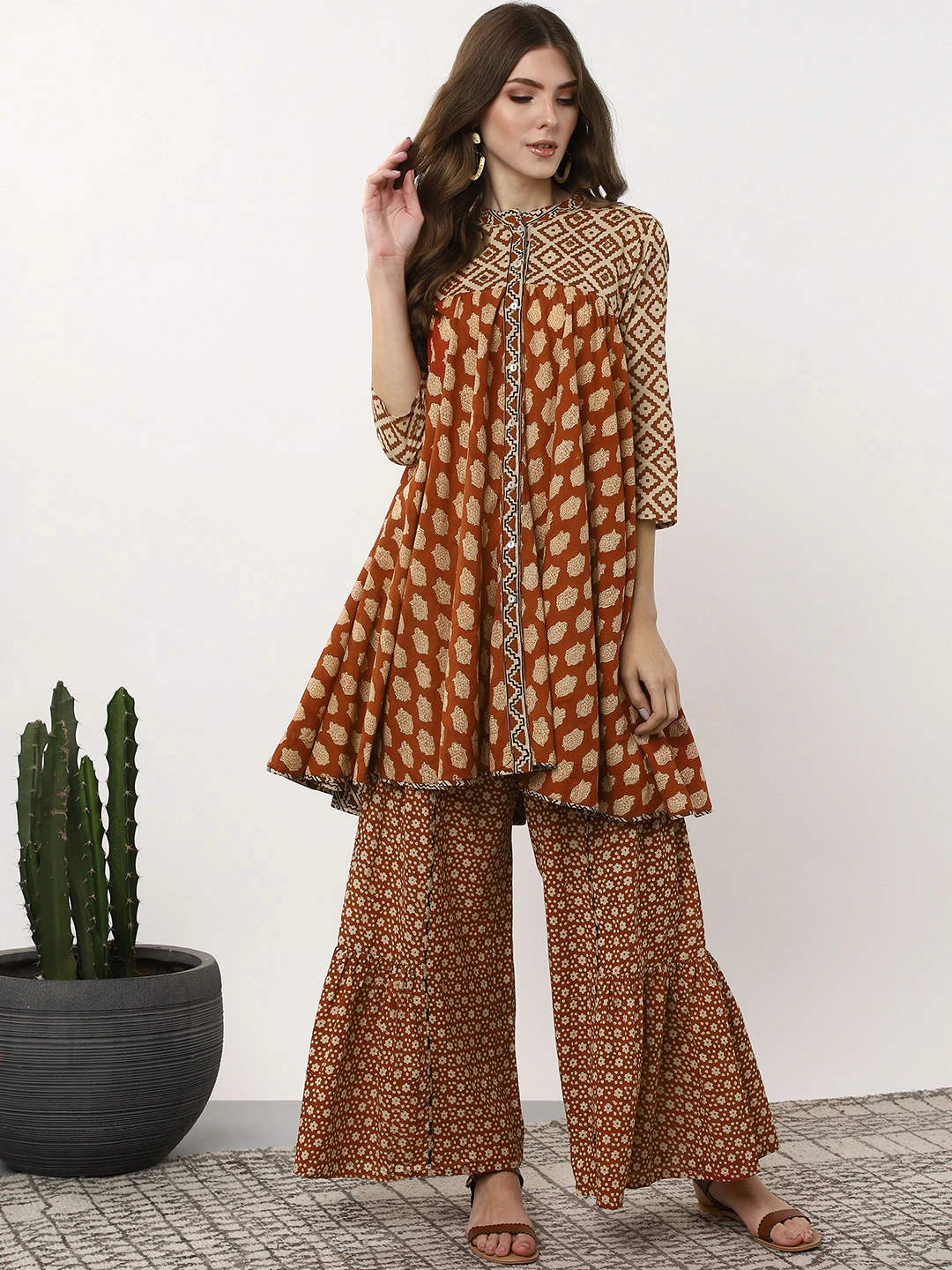 Women Rust Red & Beige Kurta Set
