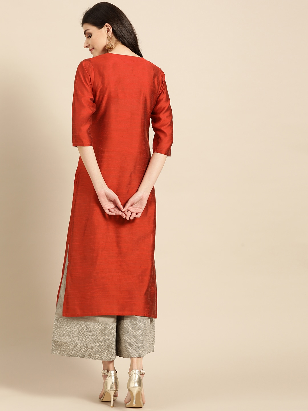 Women Yoke Design Orange Kurta
