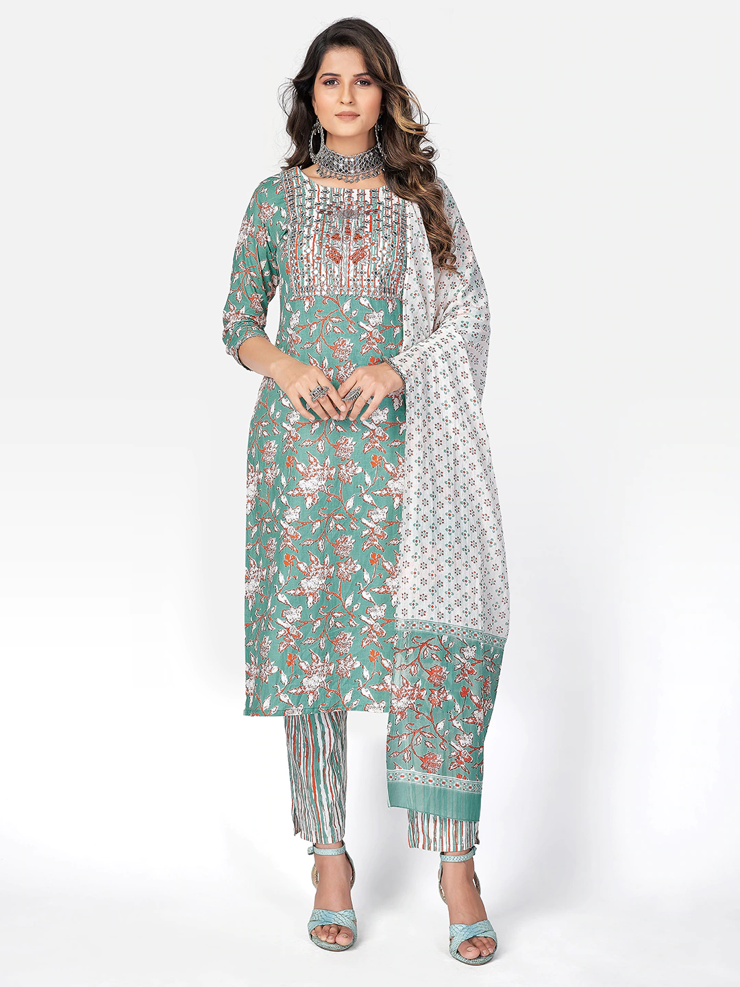 Women Sea Green Cotton Kurti Set