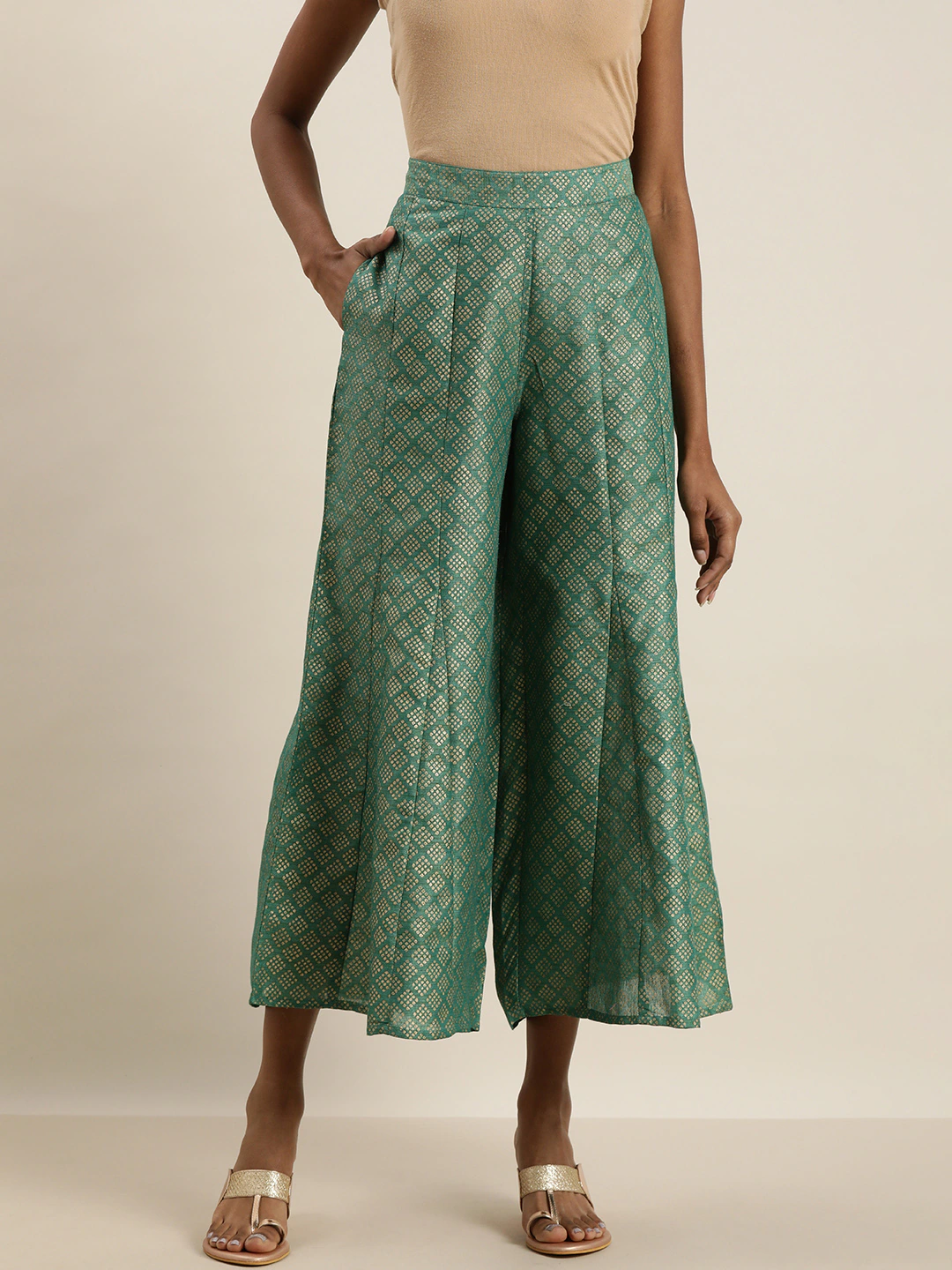 Women Sea Green Cropped Palazzos
