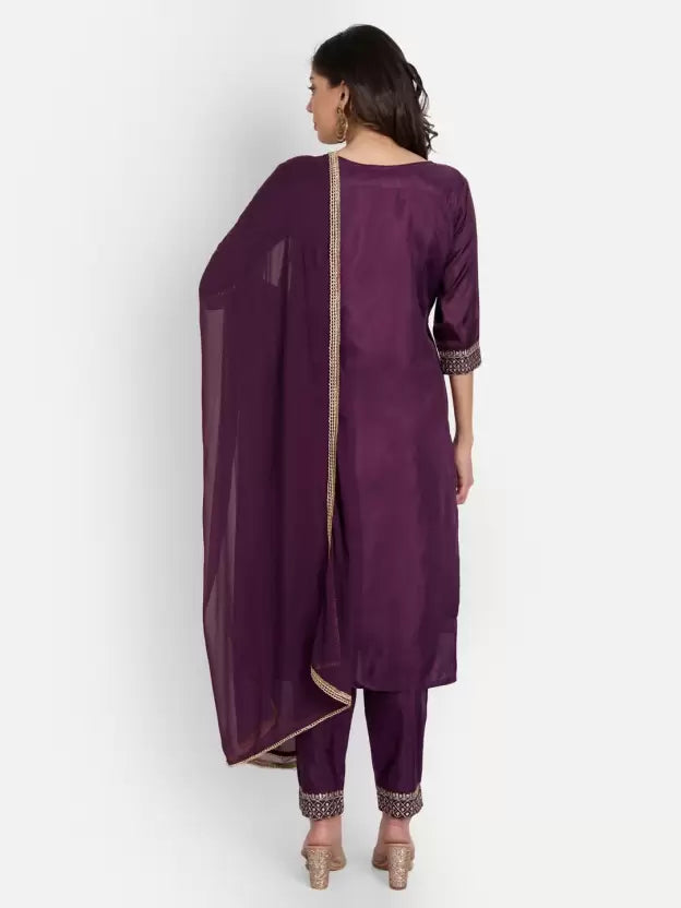 Women Silk Blend Purple Kurta set