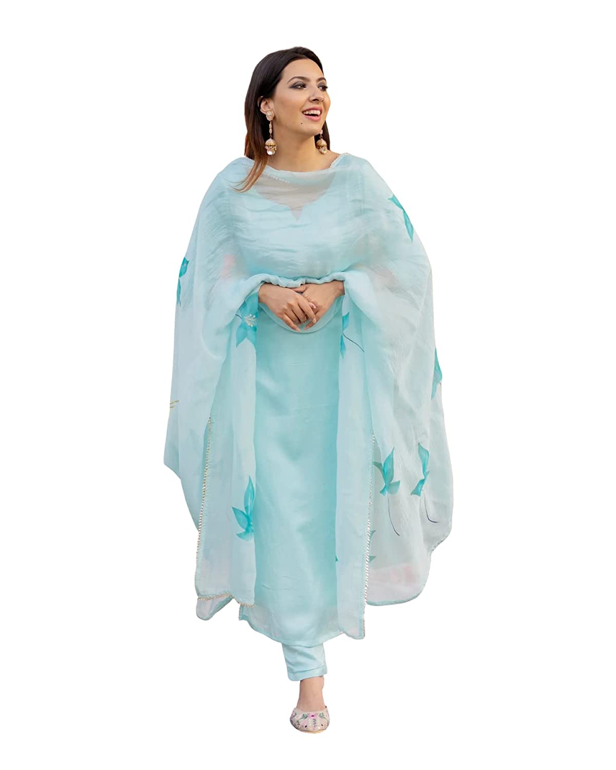 Women's Cotton Blend Straight Solid Kurta with Pant & Dupatta