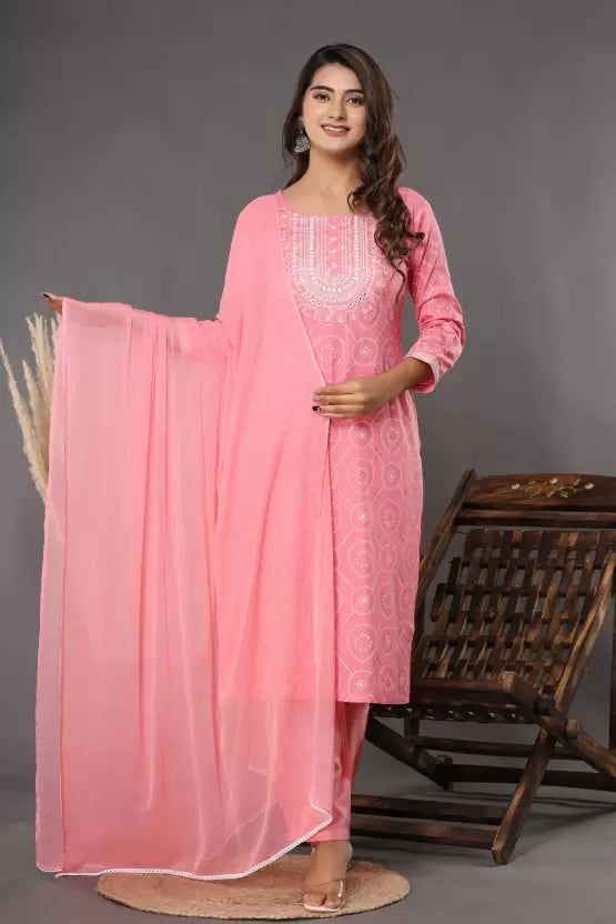 Women Soft Pink Viscose Rayon Pink Kurta set with Dupatta