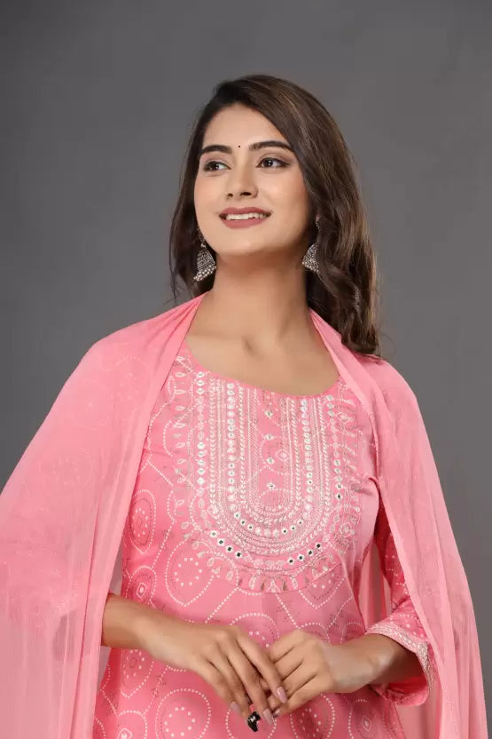 Women Soft Pink Viscose Rayon Pink Kurta set with Dupatta