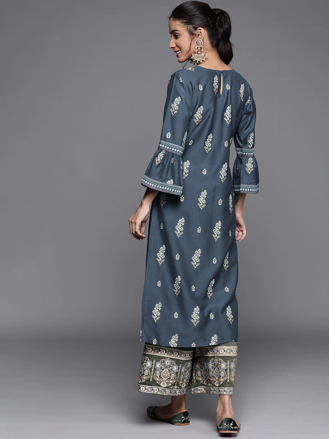Women Teal Blue Ethnic Printed Chanderi Silk Kurta
