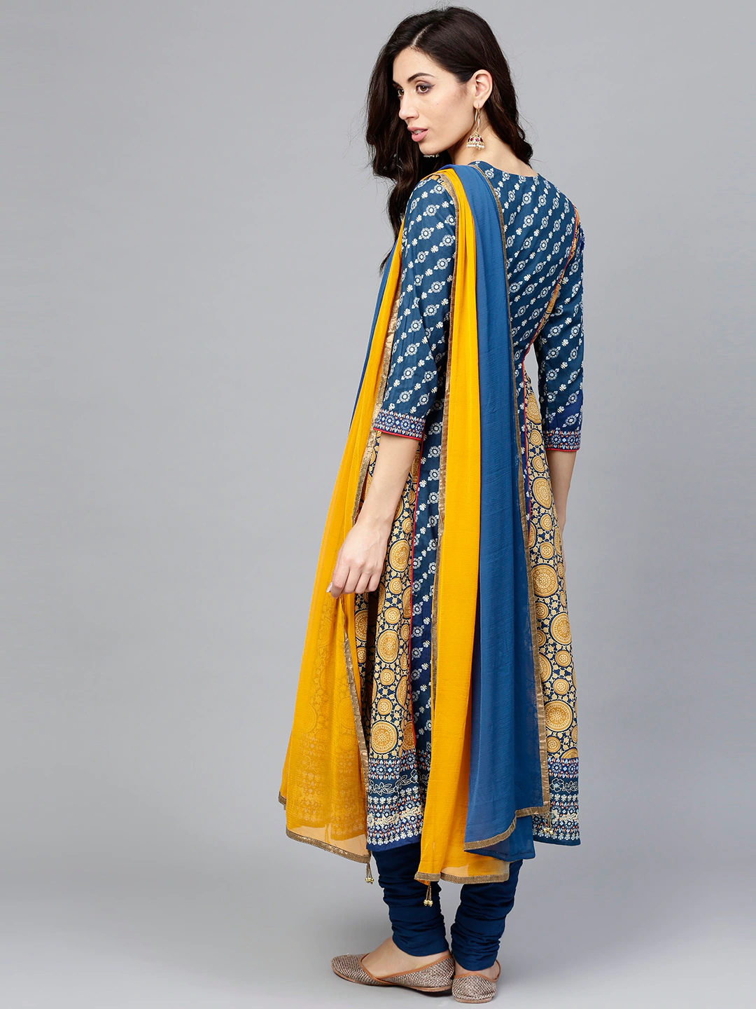 Women Teal Blue, Mustard Yellow Kurta Set