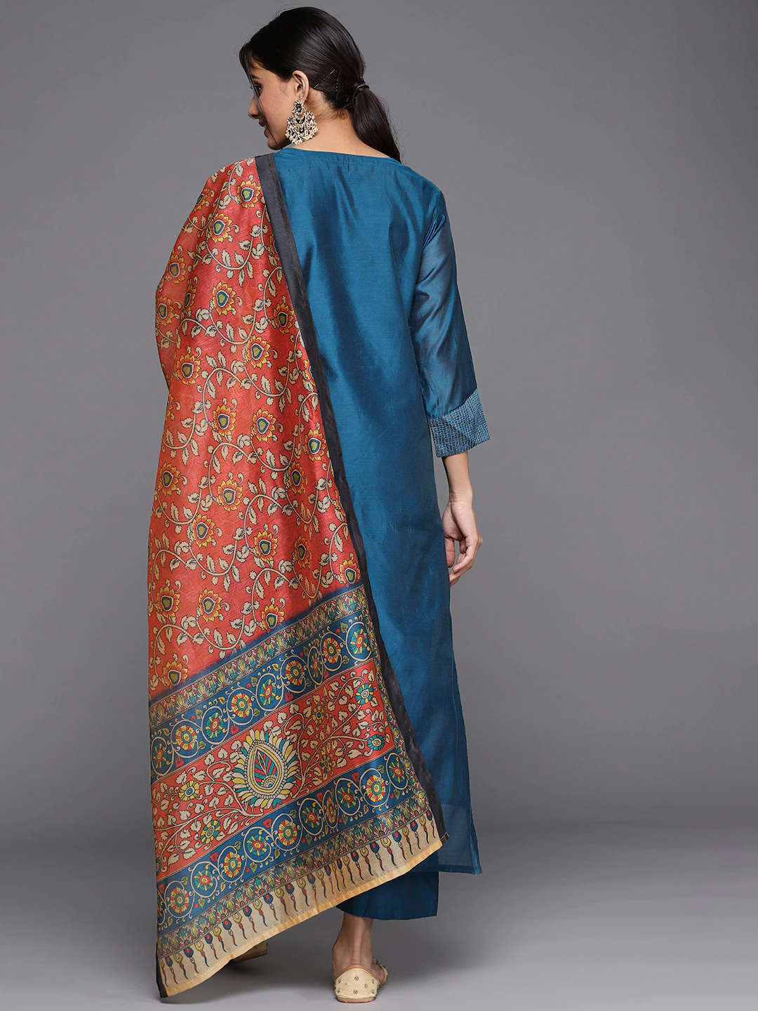 Women Teal Blue & Silver Zari Yoke Design Kurta Set