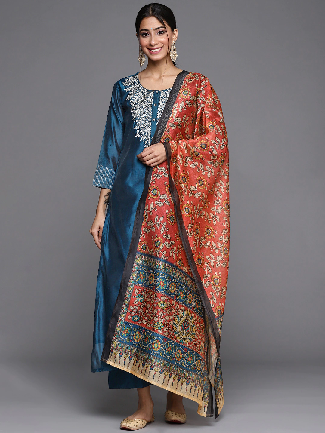 Women Teal Blue & Silver Zari Yoke Design Kurta Set