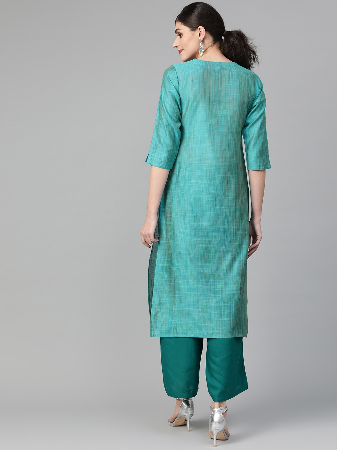 Women Teal Green Self-Striped Straight Kurta