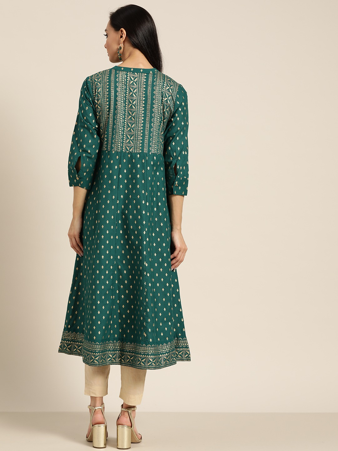 Women Teal Green & Golden Kurta Top