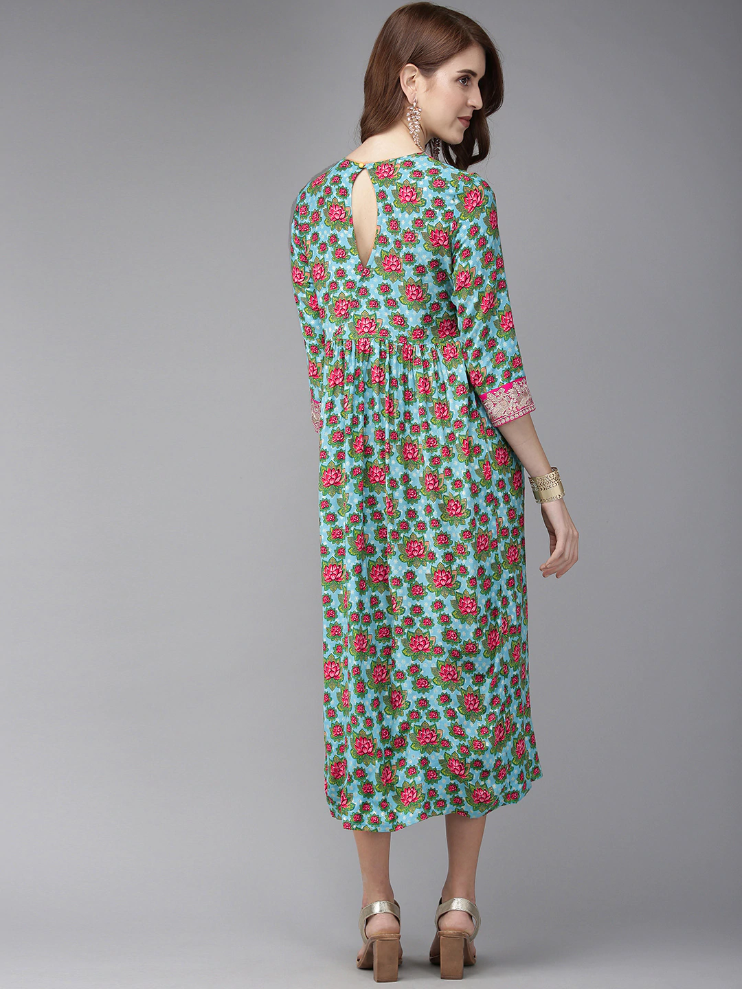Women Blue & Pink Print A-Line Dress