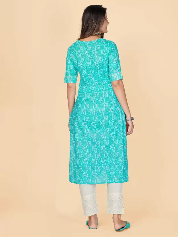Women Turquoise Embroidered Cotton Kurta