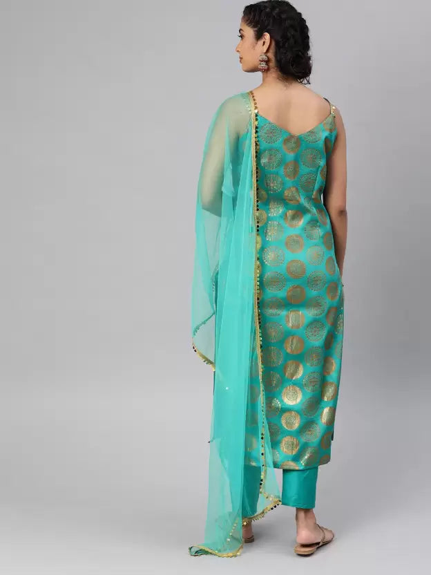 Women Turquoise Silk Blend Kurat Set