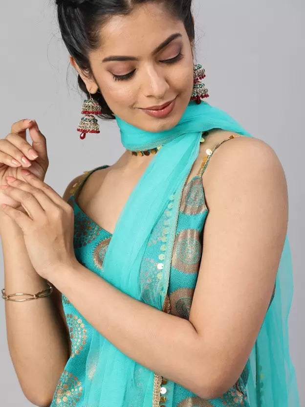 Women Turquoise Silk Blend Kurat Set