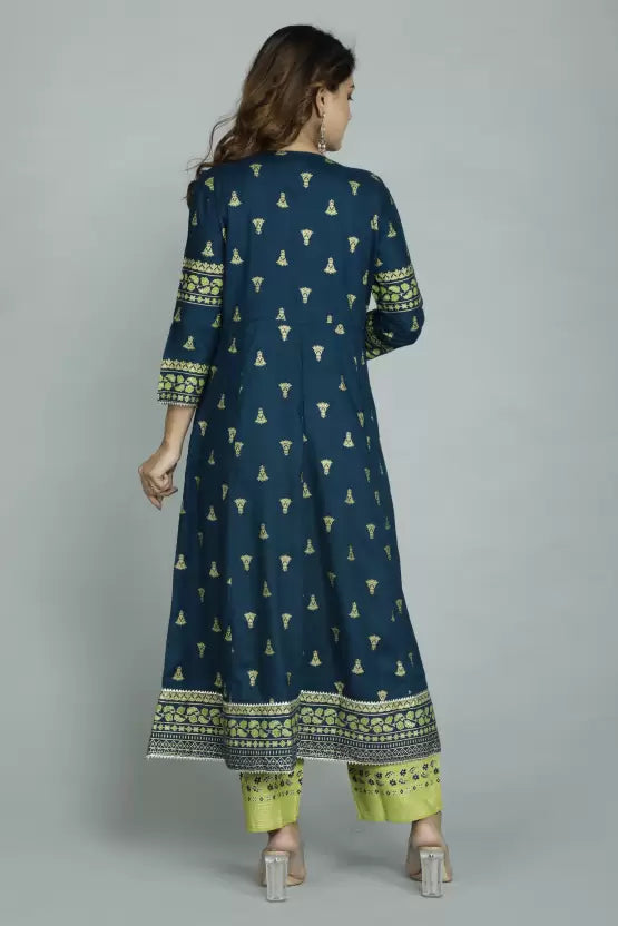 Women Viscose Rayon Green Anarkali Kurta set