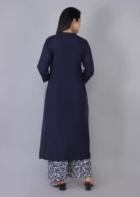 Women Viscose Rayon Blue Kurta set with Palazzo pants