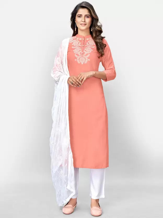 Women Viscose Rayon Peach Embroidered Kurta set with Dupatta