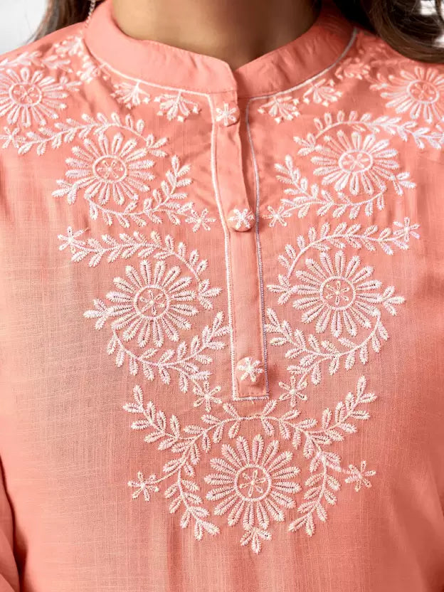 Women Viscose Rayon Peach Embroidered Kurta set with Dupatta