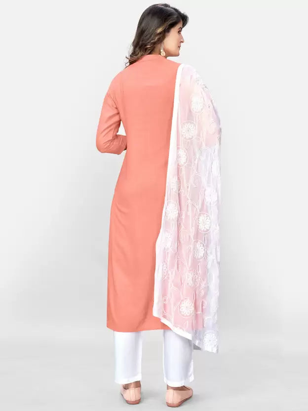 Women Viscose Rayon Peach Embroidered Kurta set with Dupatta