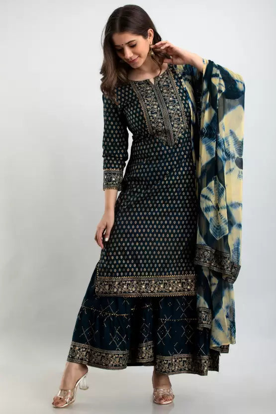 Women Viscose Rayon Teal Kurta Sharara set with Dupatta