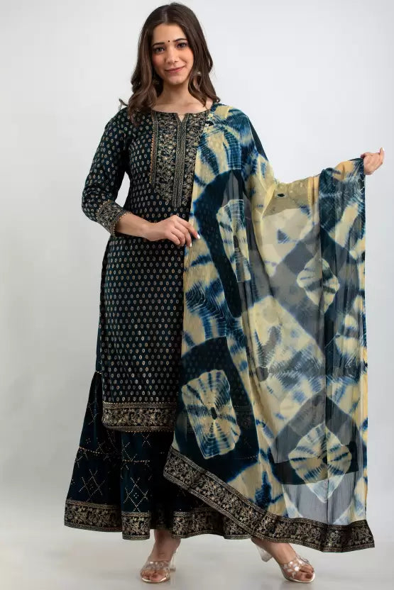 Women Viscose Rayon Teal Kurta Sharara set with Dupatta
