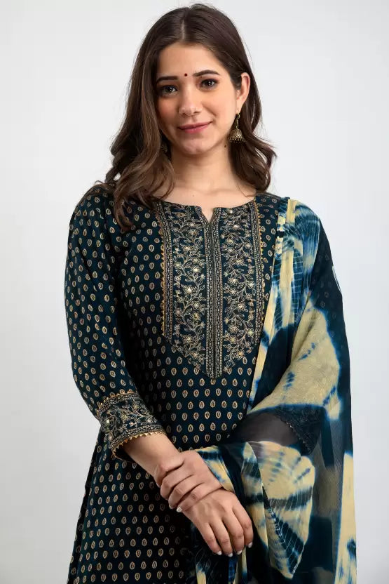 Women Viscose Rayon Teal Kurta Sharara set with Dupatta