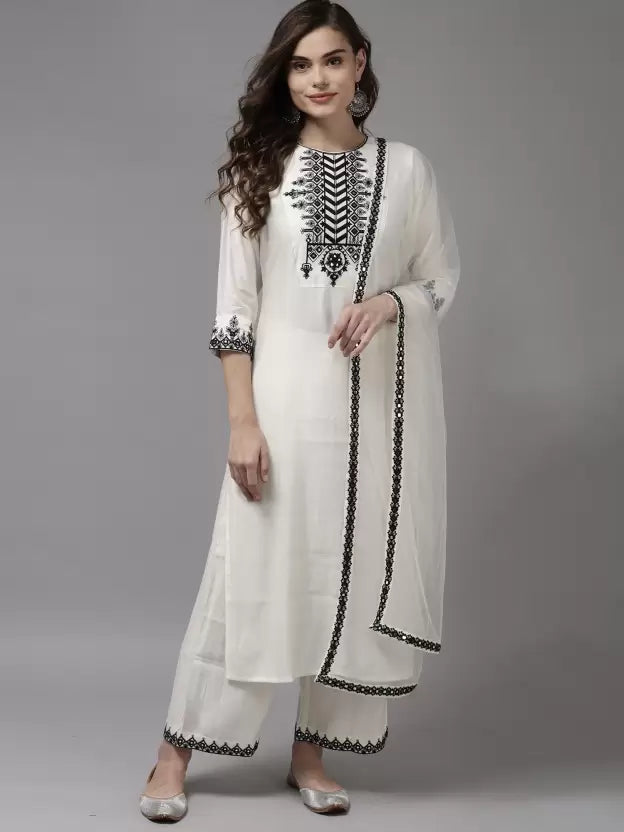 Women Viscose Rayon White Kurta set with Dupatta