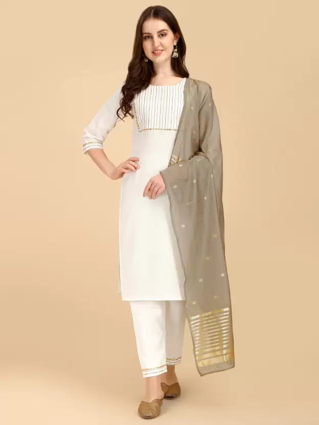 Women White Cotton Blend Kurta set with Grey Dupatta