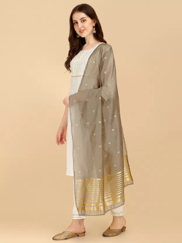 Women White Cotton Blend Kurta set with Grey Dupatta