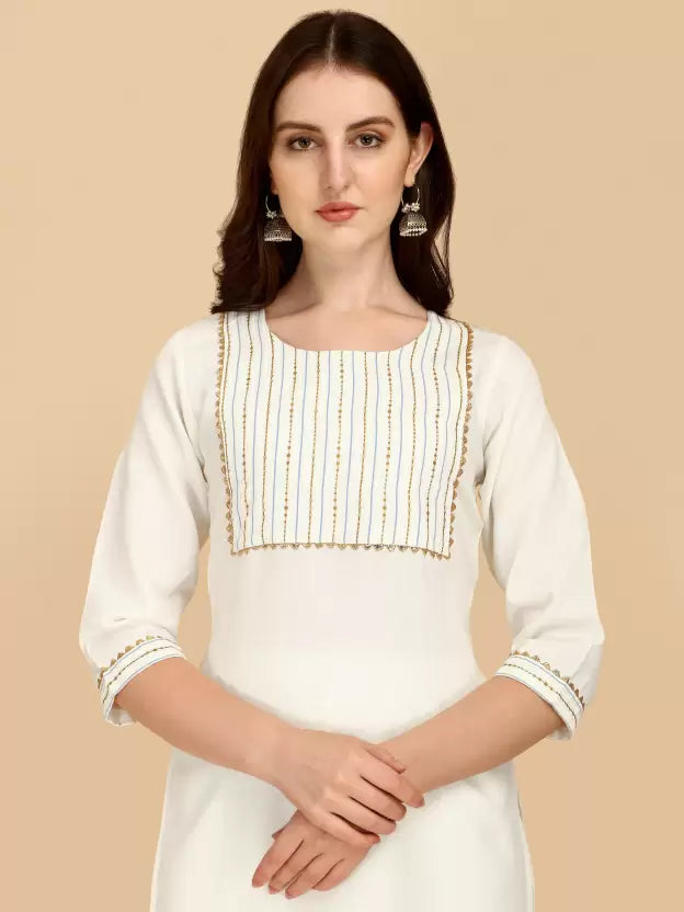 Women White Cotton Blend Kurta set with Grey Dupatta